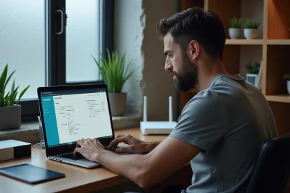 Homme accédant à l'interface d'administration du routeur WiFi via l'adresse IP 192.168.1.1 sur un ordinateur portable dans un bureau à domicile