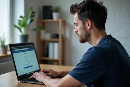 Homme en train d'accéder à l'interface administrateur d'un routeur via un navigateur web sur un laptop