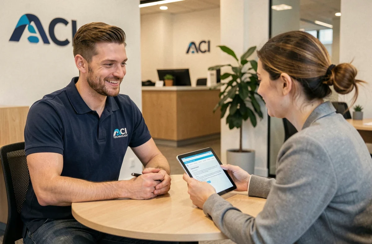 Technicien ACI Technology en réunion avec un client PME parisien pour un service d'infogérance cybersécurité