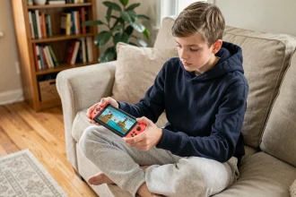Adolescent jouant à un jeu en ligne sur Nintendo Switch en mode portable dans un salon cosy, en 2026