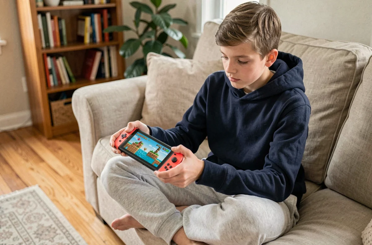 Adolescent jouant à un jeu en ligne sur Nintendo Switch en mode portable dans un salon cosy, en 2026