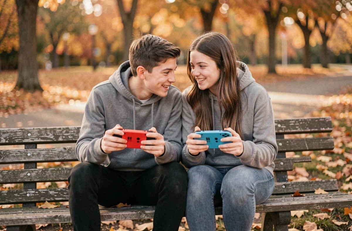 Deux adolescents jouant ensemble sur Nintendo Switch en plein air dans un parc en automne, expérience multijoueur Roblox