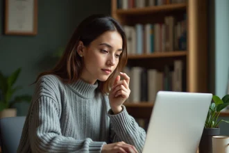 Jeune femme ajoutant un site web en favori sur son ordinateur portable dans un bureau à domicile organisé