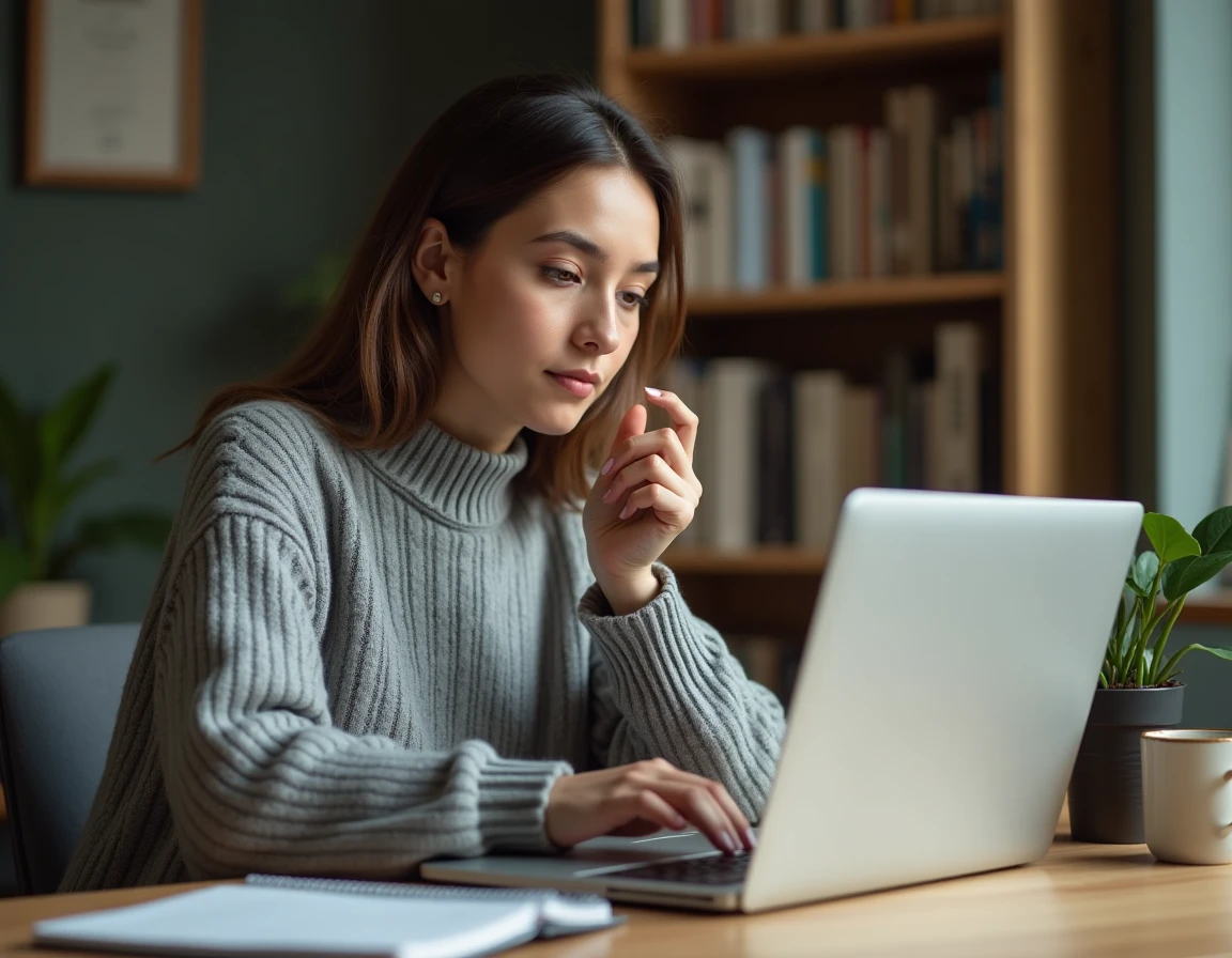 Jeune femme ajoutant un site web en favori sur son ordinateur portable dans un bureau à domicile organisé