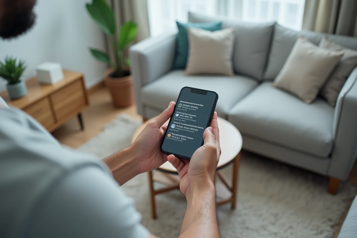 Gestion de plusieurs alias email temporaires sur smartphone depuis un appartement, vue de dessus