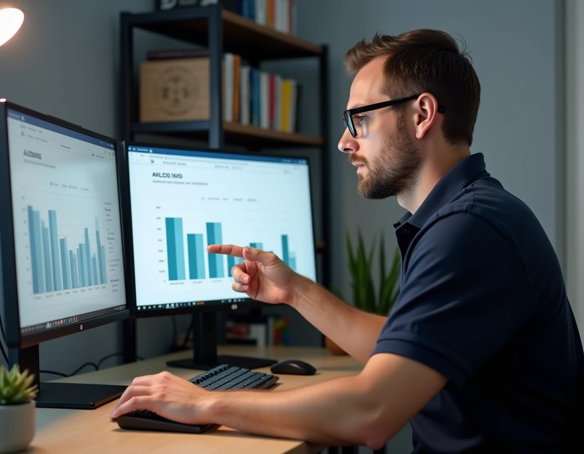 Homme analysant les statistiques de conversion d'un site web sur double écran dans un bureau moderne