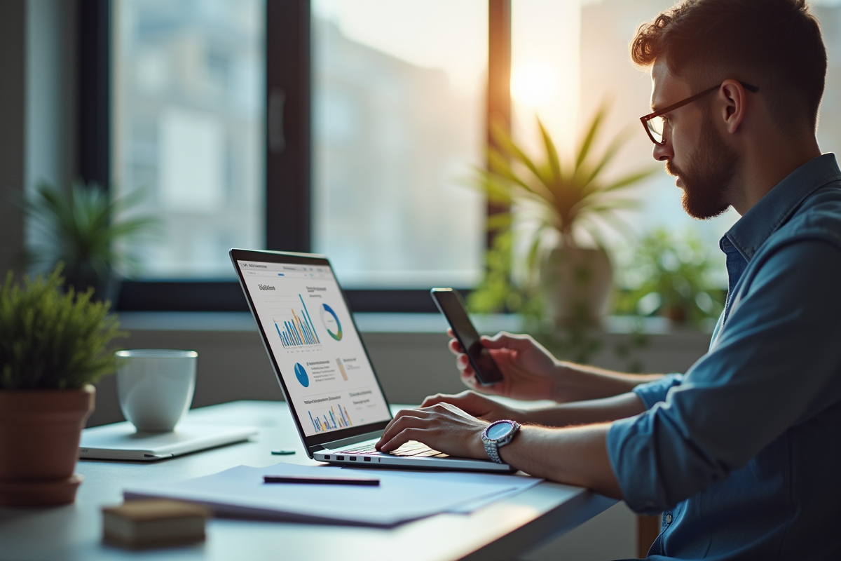 Marketeur analysant des données digitales seul