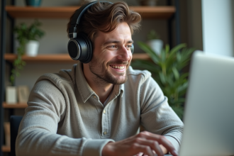 Homme souriant vérifiant des analyses en streaming sur son ordinateur