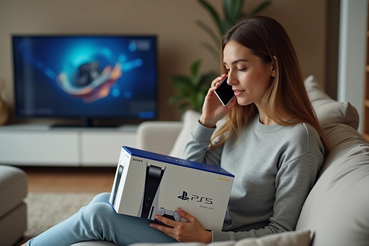 Femme appelant le support Sony PlayStation depuis son salon avec la boîte de sa console PS5
