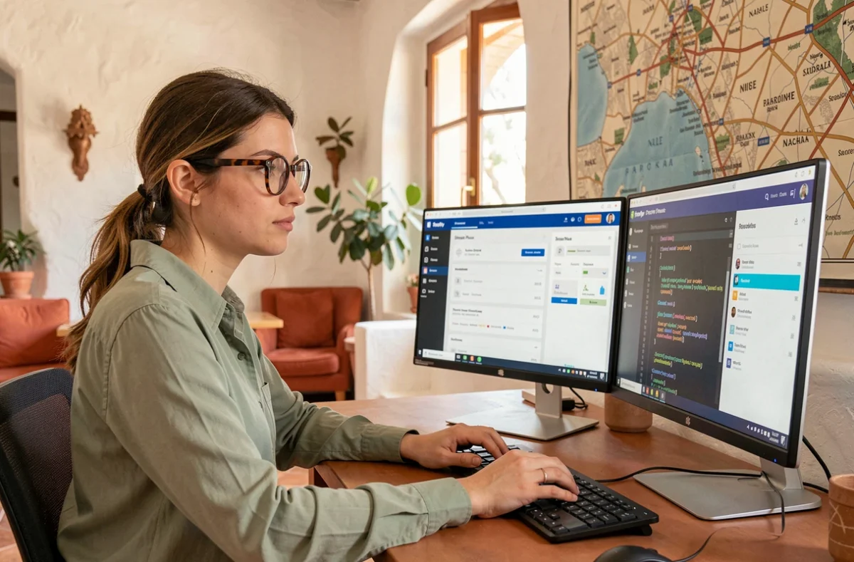 Développeuse d'une agence Shopify Plus Partner travaillant sur des projets à Paris et Nice sur un poste de travail double écran