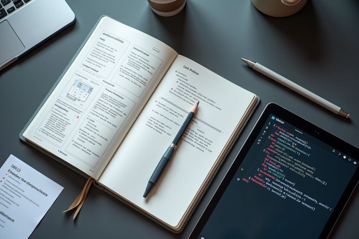 Vue de dessus d'un bureau de développeur avec cahier de wireframes, tablette affichant du code HTML et liste des sections essentielles d'un portfolio