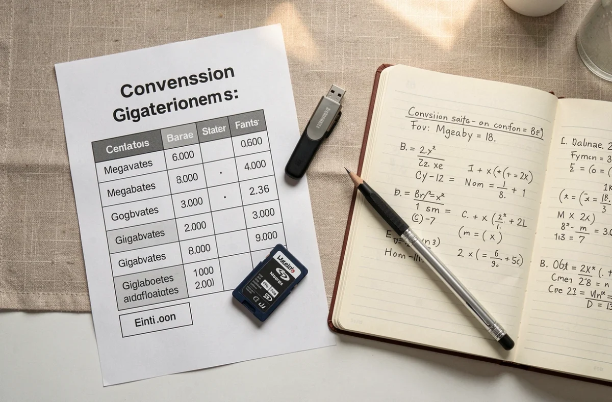 Vue de dessus d'un bureau avec tableau de conversion mégaoctets gigaoctets imprimé, clé USB, carte SD et notes manuscrites