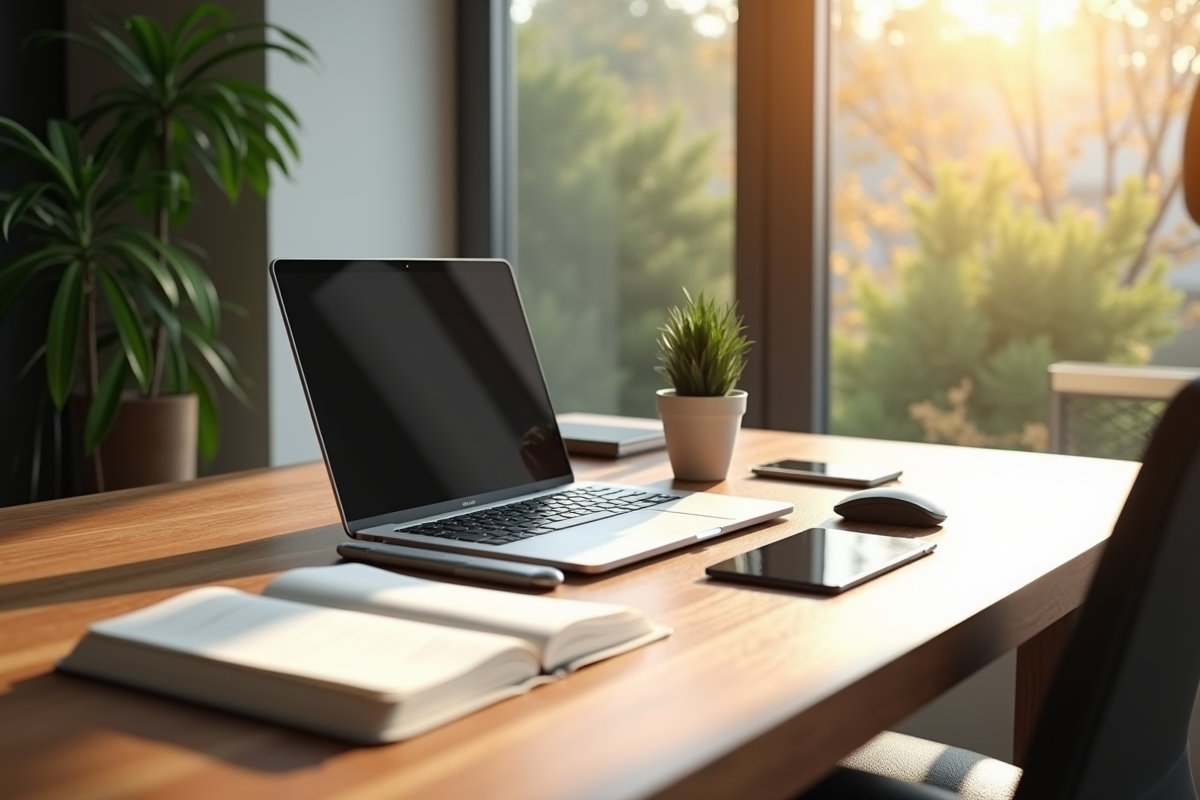 Bureau maison minimaliste avec ordinateur et plante
