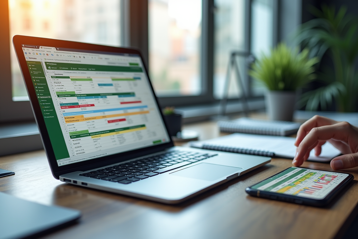 Bureau moderne avec ordinateur portable affichant un tableau coloré