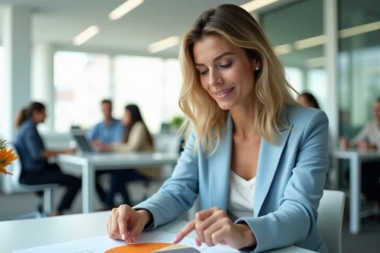 Femme professionnelle montrant une catégorie mise en évidence dans un camembert imprimé sur papier dans un bureau moderne