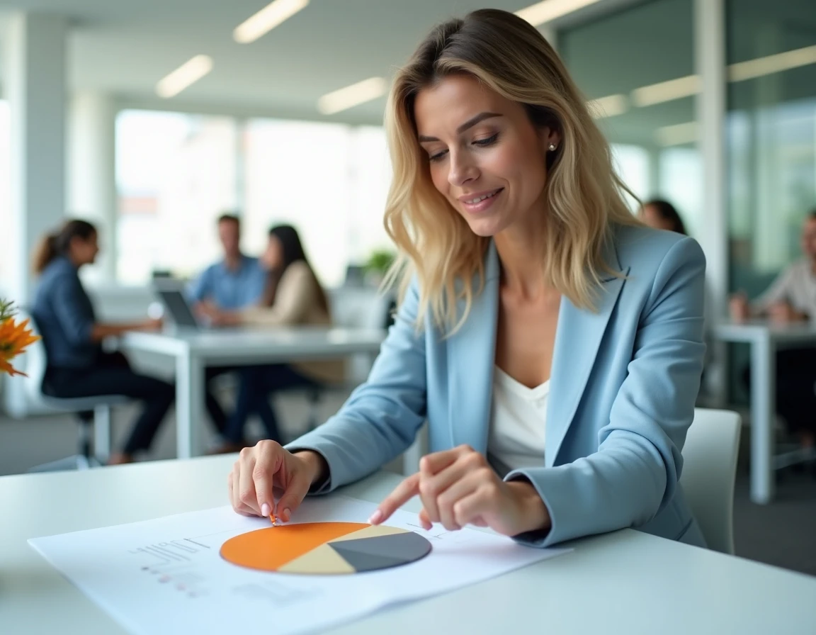 Femme professionnelle montrant une catégorie mise en évidence dans un camembert imprimé sur papier dans un bureau moderne