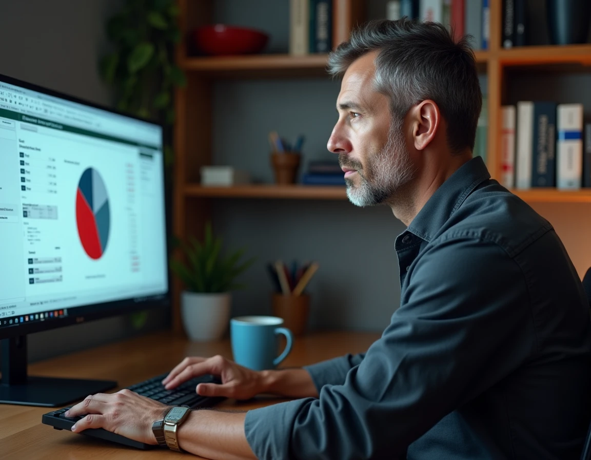 Homme travaillant sur Excel avec un camembert affiché à l'écran montrant une tranche isolée en rouge pour la mettre en valeur