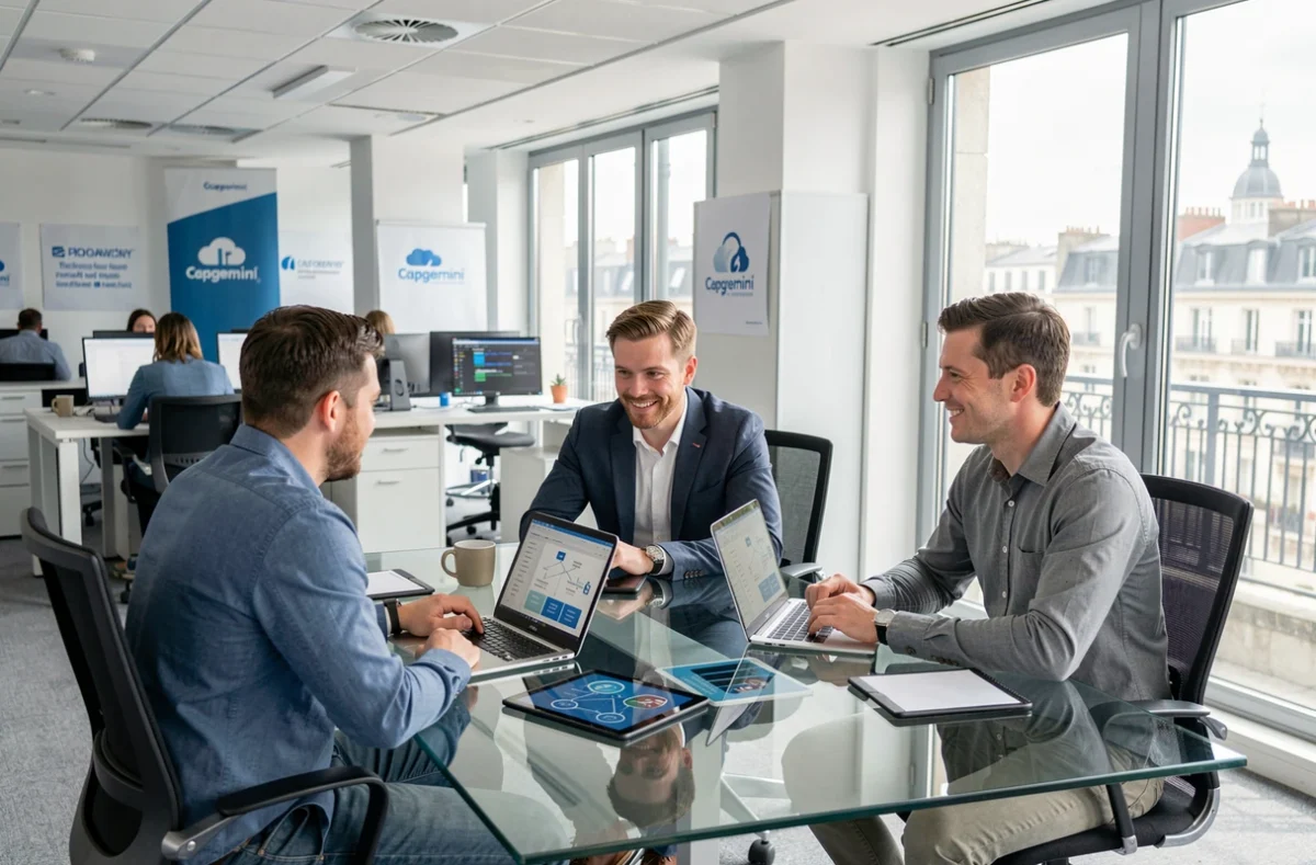 Équipe de consultants Capgemini travaillant sur des architectures cloud sécurisées dans un bureau parisien moderne