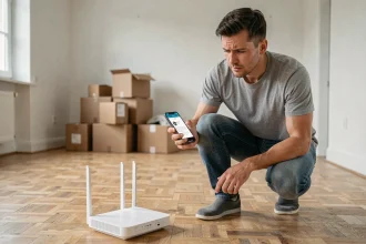 Homme accroupi près d'un routeur internet dans un appartement vide pendant un déménagement, regardant une erreur sur son smartphone