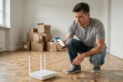 Homme accroupi près d'un routeur internet dans un appartement vide pendant un déménagement, regardant une erreur sur son smartphone