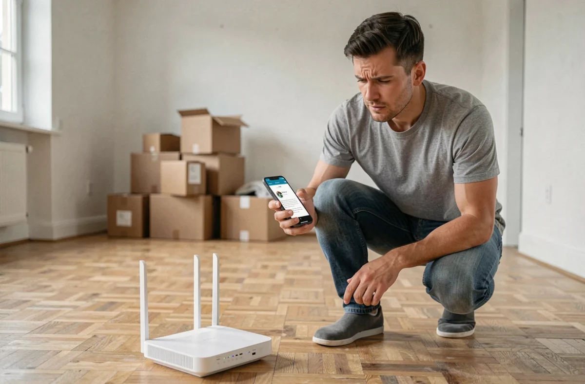 Homme accroupi près d'un routeur internet dans un appartement vide pendant un déménagement, regardant une erreur sur son smartphone
