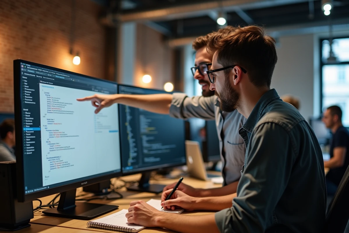 Deux développeurs analysant ensemble des erreurs d'alignement avec le positionnement CSS absolu dans un bureau startup