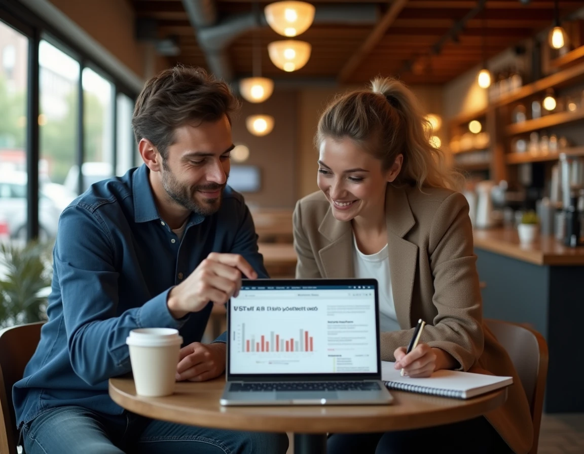 Deux professionnels collaborant sur l'optimisation d'un site internet pour améliorer la conversion dans un café