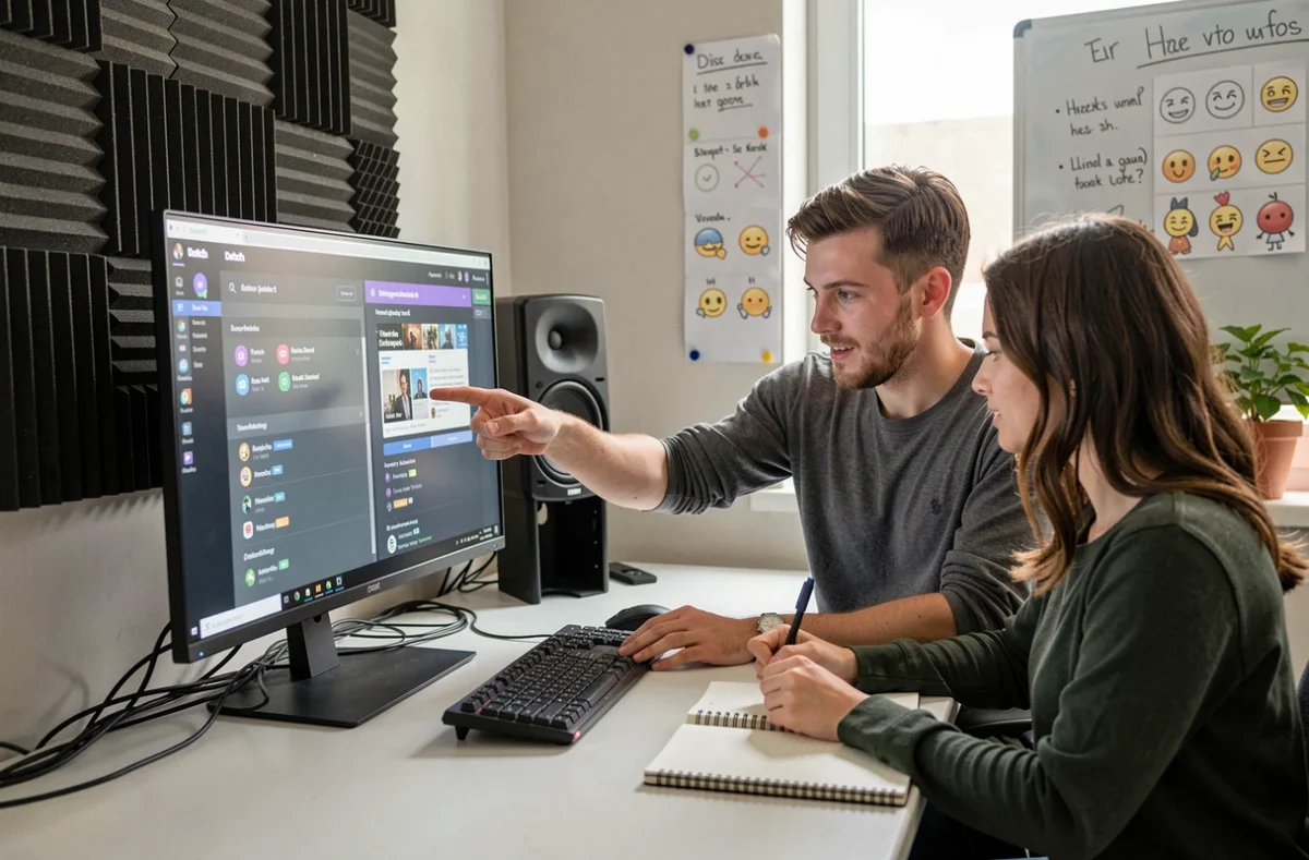 Deux créateurs Twitch collaborant sur l'intégration d'emojis Discord dans un studio maison