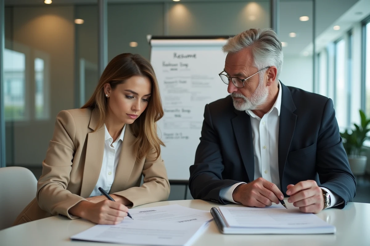 Deux collègues collaborant sur des CV internationaux autour d'une table de réunion dans une salle de conférence moderne