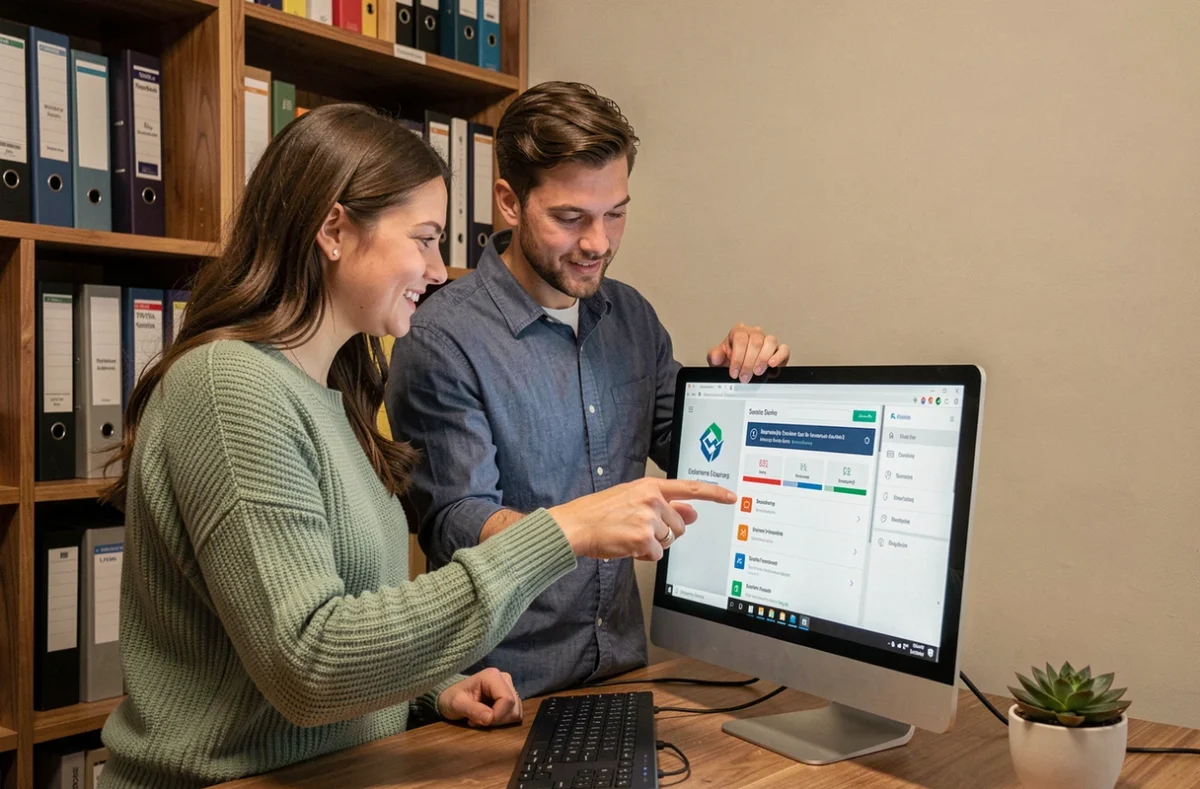 Deux collègues consultant un tableau de bord de partage de fichiers sécurisé sur un ordinateur de bureau dans un bureau privé