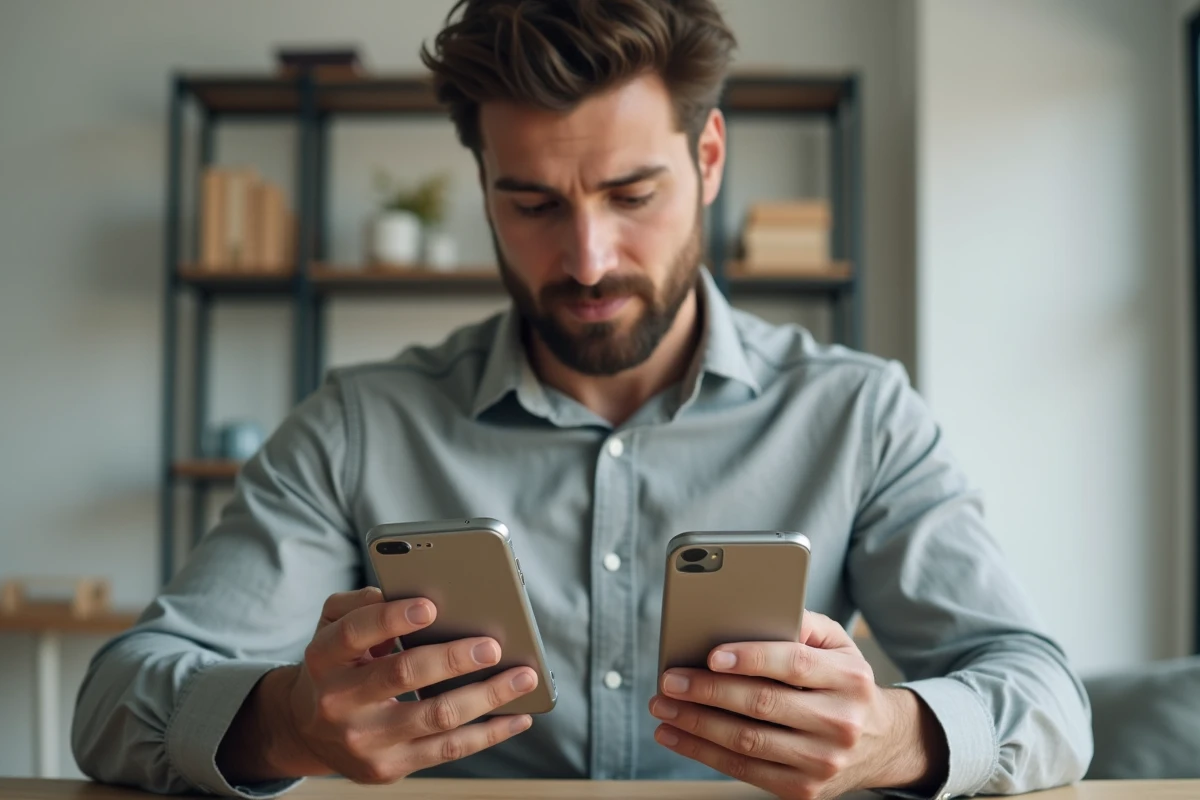 Un homme compare l'iPhone 12 Pro et l'iPhone 12 Pro Max tenus côte à côte dans un bureau minimaliste moderne