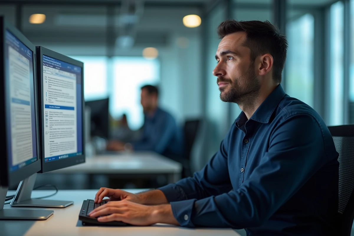 Homme en bureau professionnel comparant un PDF original et son équivalent Word éditable sur deux écrans d'ordinateur