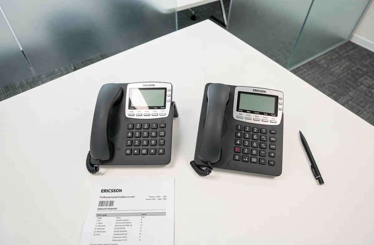 Comparatif de deux téléphones professionnels Ericsson posés sur une table de réunion avec fiche technique pour évaluation qualité-prix 2026