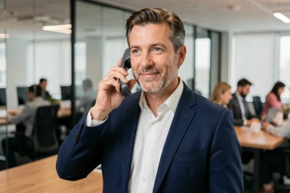 Professionnel utilisant un téléphone de bureau Ericsson en open space moderne pour comparer les meilleurs modèles qualité-prix en 2026