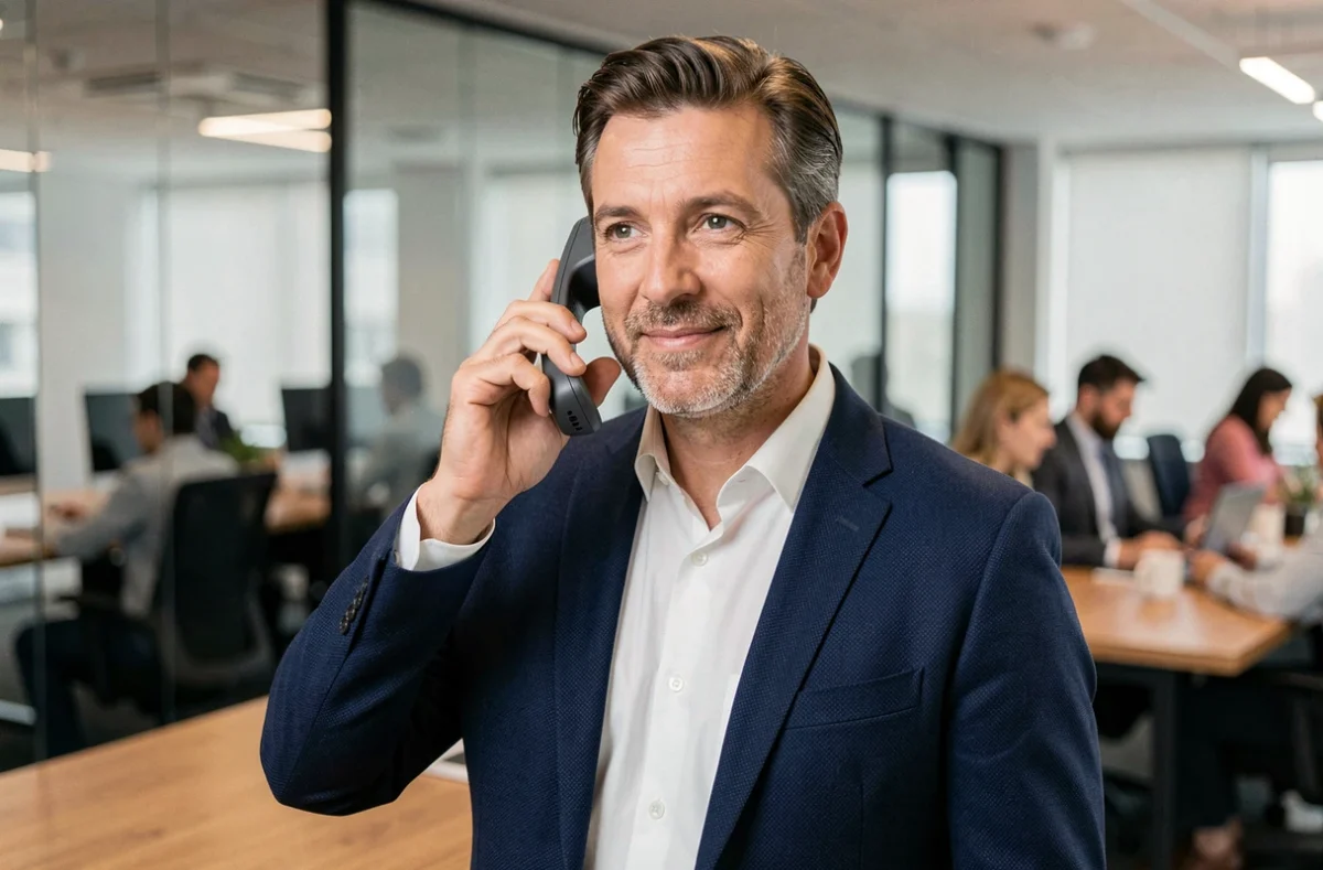 Professionnel utilisant un téléphone de bureau Ericsson en open space moderne pour comparer les meilleurs modèles qualité-prix en 2026