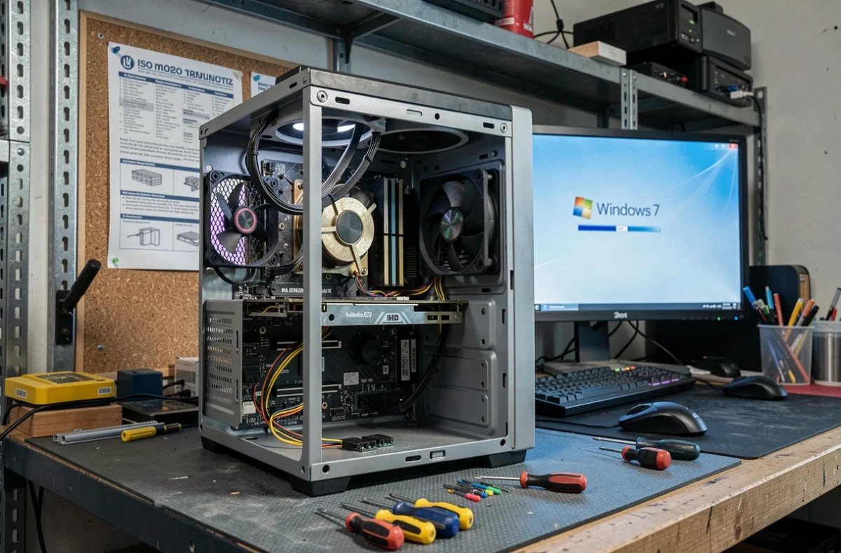 PC gamer rétro ouvert montrant les composants internes avec écran affichant la progression d'installation de Windows 7
