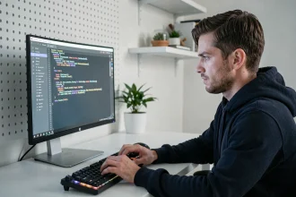Homme configurant ses DNS sur un terminal Linux dans un bureau à domicile moderne