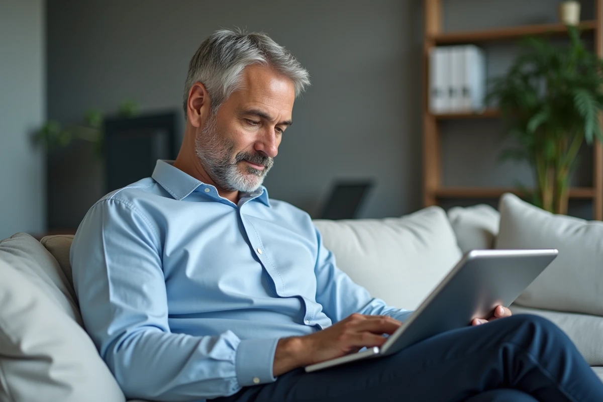Homme configurant un compte email sur tablette dans un espace de bureau moderne