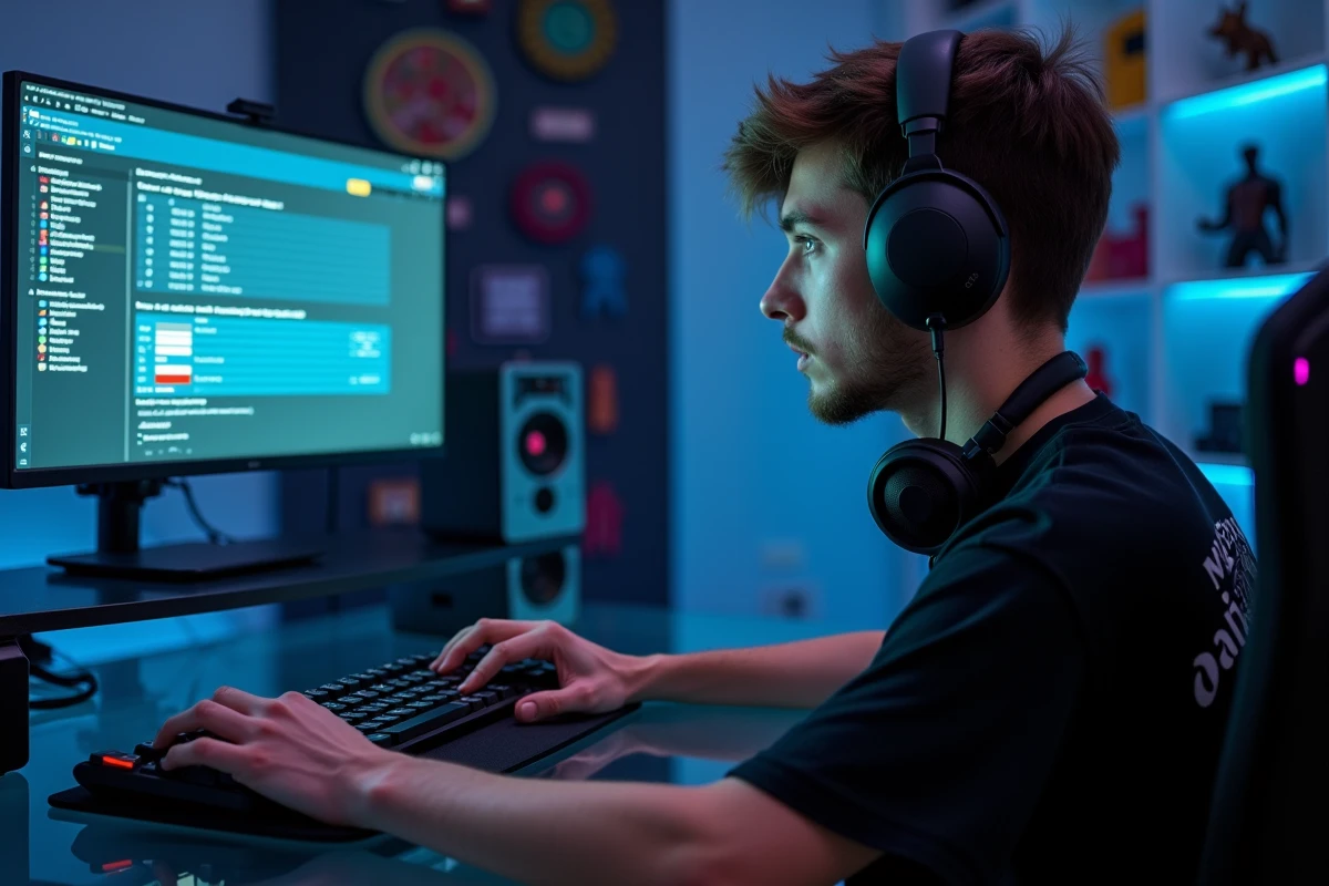 Gamer configurant la touche Maj sur MacBook Pro dans un setup gaming avec périphériques et mappings de touches