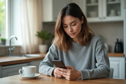 Femme configurant un webmail sur smartphone Android dans une cuisine moderne