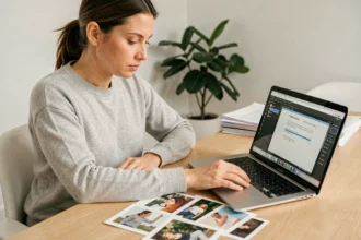 Femme convertissant des fichiers JPEG en PDF sur un ordinateur portable dans un bureau minimaliste à domicile