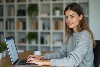Femme convertissant un fichier PDF en document Word éditable sur un ordinateur portable dans un bureau à domicile moderne