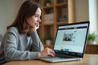Jeune femme convertissant une vidéo YouTube en MP4 sur son ordinateur portable dans un bureau à domicile