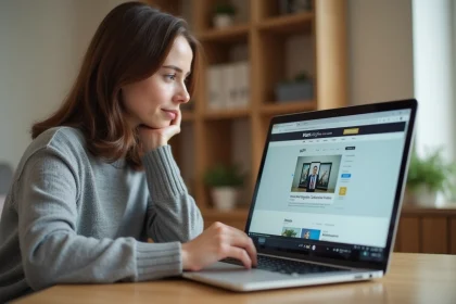Jeune femme convertissant une vidéo YouTube en MP4 sur son ordinateur portable dans un bureau à domicile