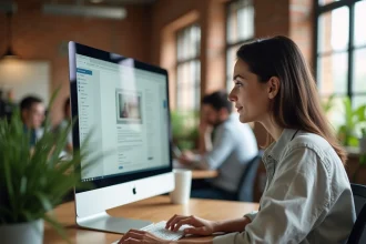 Femme designer créant un site internet optimisé pour la conversion sur un iMac dans un espace de coworking