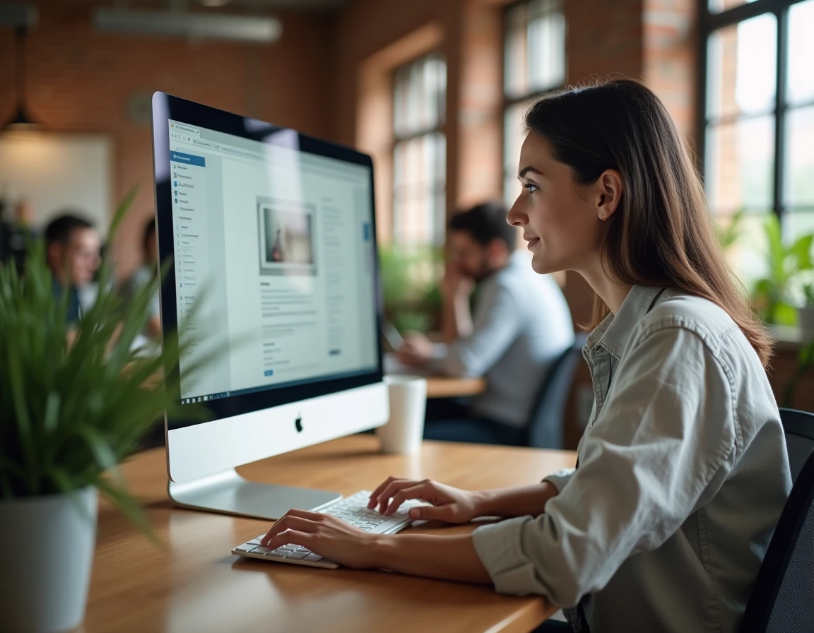 Femme designer créant un site internet optimisé pour la conversion sur un iMac dans un espace de coworking