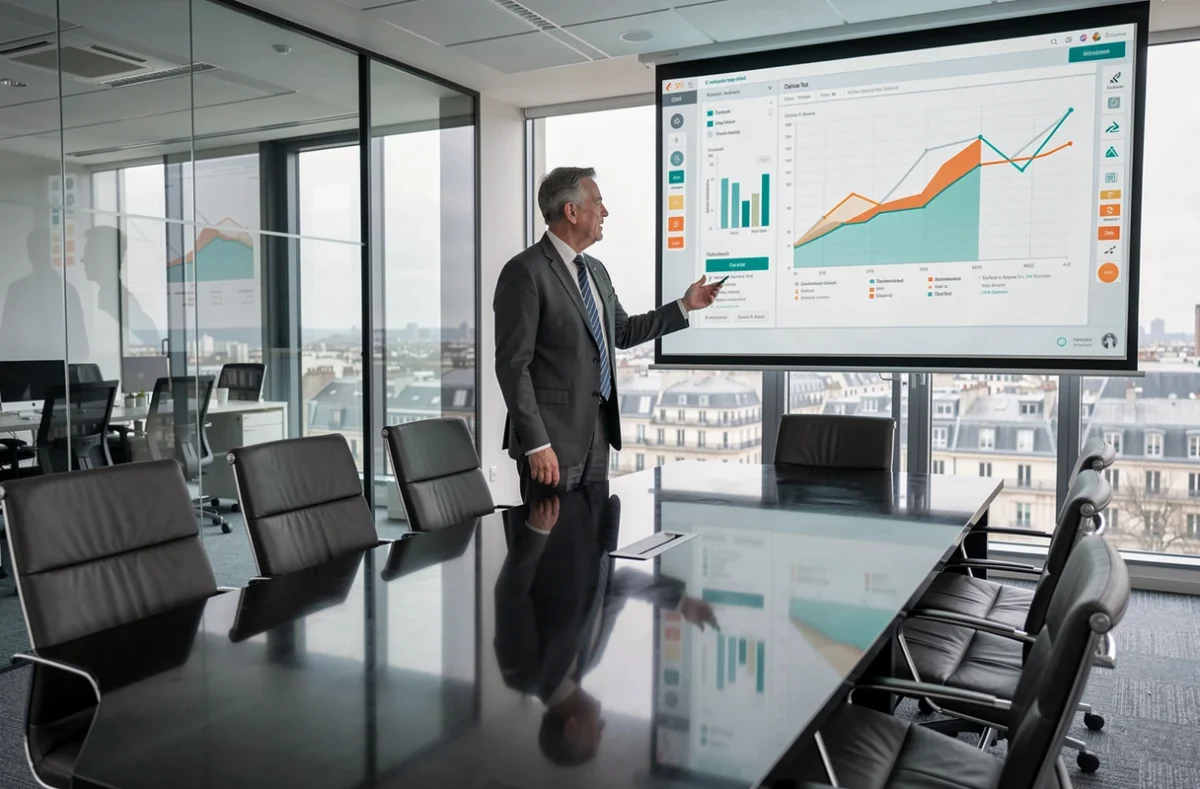 Analyste senior présentant des tableaux de bord e-commerce pour grands comptes dans une salle de réunion parisienne moderne