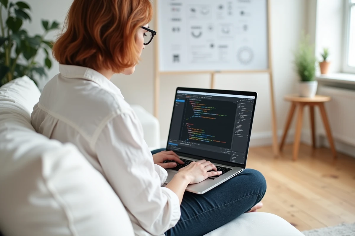 Designer web féminine travaillant sur des problèmes de positionnement CSS absolu depuis son bureau à domicile