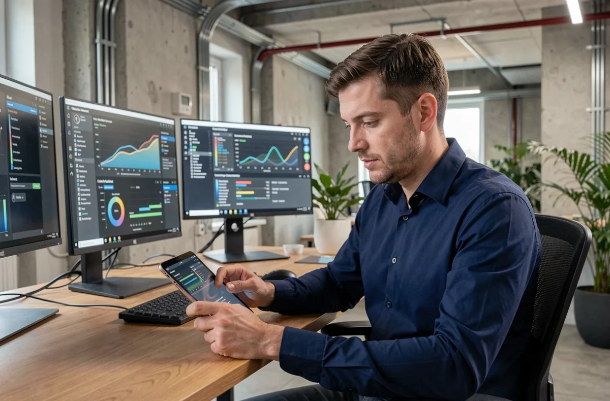 Ingénieur logiciel roumain développant une application mobile sur mesure pour l'industrie dans un bureau professionnel moderne à Bucarest