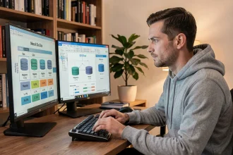Développeur informatique consultant des graphiques de conversion mégaoctets et gigaoctets sur deux écrans dans un bureau moderne